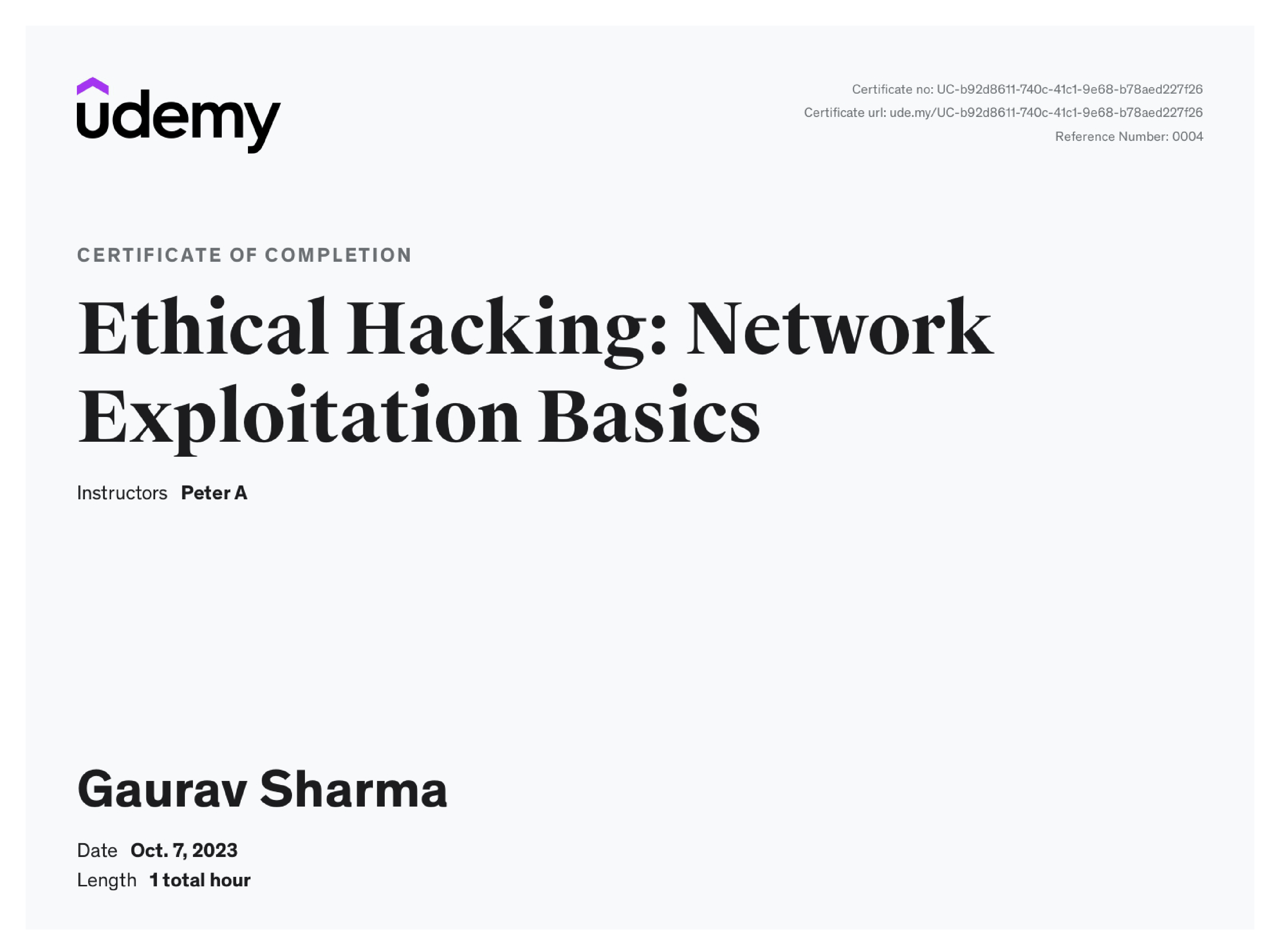 Ethical Hacking Network Exploitation Basics Certificate From Udemy